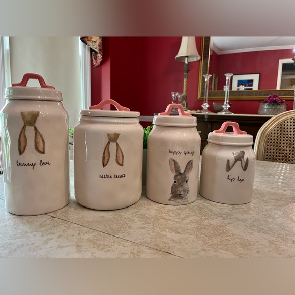 Rae Dunn 8.5” HAPPY SPRING Canister Magenta Pink Handle Bunny Rabbit 2017 - Picture 8 of 12